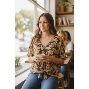 Haute Fox Womens 2X Floral Tie Front Button Up Blouse Brown Tan Boho Floral